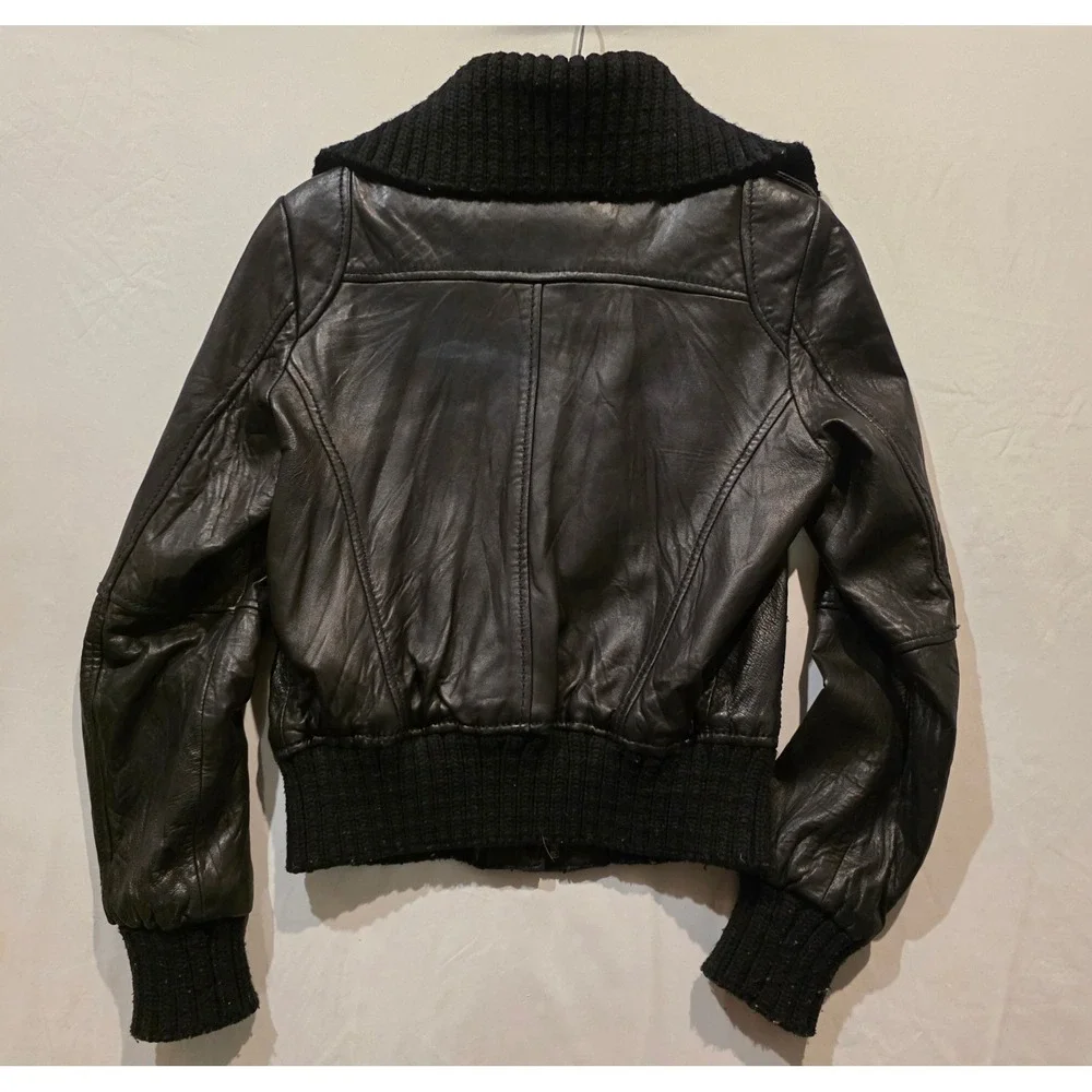 Michael Kors Genuine Leather Bomber Jacket Womens M Black Knit Collar Zip